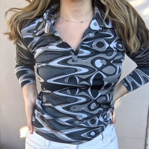 90s VTG Grey Psychedelic Print Top - Picture 4 of 4